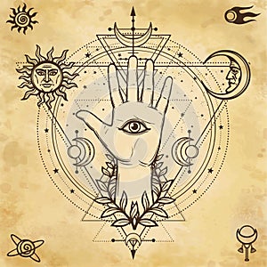 Mystical drawing: divine hand, all-seeing eye, circle of a phase of the moon.