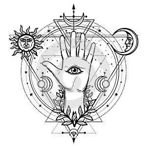 Mystical drawing: divine hand, all-seeing eye, circle of a phase of the moon.