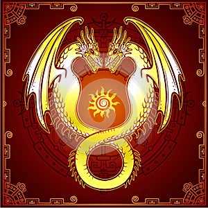 Mystical drawing: double gold dragon, Uroboros, a snake with two heads.