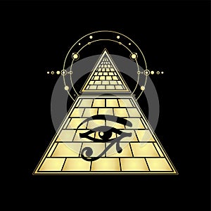 Mystical drawing: Egyptian pyramid with separated top emits energy. Eye of god Horus.