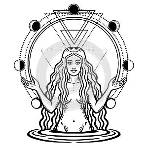 Mystical drawing: the female goddess with long hair. Circle phase of the moon.