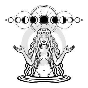 Mystical drawing: the female goddess with long hair. Phase of the moon.