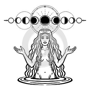 Mystical drawing: the female goddess with long hair. Phase of the moon. photo