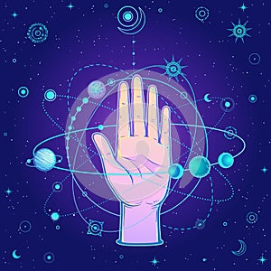 Mystical drawing: human hand holds the universe.