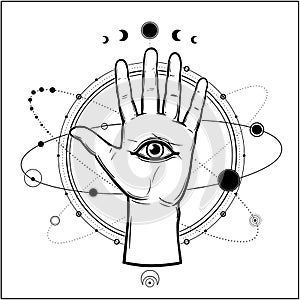 Mystical drawing: human hand holds the universe. Planets and stars rotate in orbits around the palms.