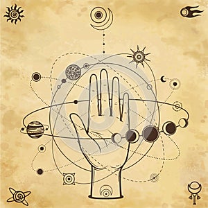 Mystical drawing: human hand holds the universe. Planets and stars rotate in orbits around the palms. photo