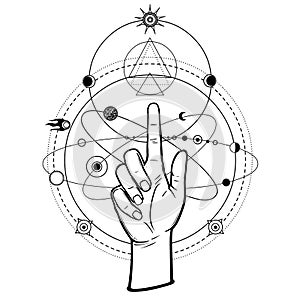 Mystical drawing: human hand Indicates space symbols. photo