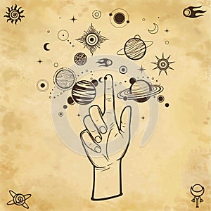 Mystical drawing: human hand Indicates space symbols. photo