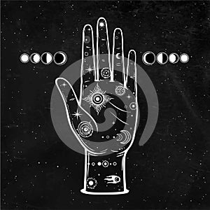 Mystical drawing: In the human hand is the universe: stars, comet, cosmic symbols.