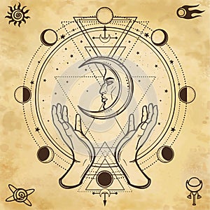 Mystical drawing: human hands hold the moon. Sacred geometry.