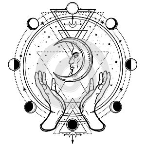 Mystical drawing: human hands hold the moon. Sacred geometry. photo
