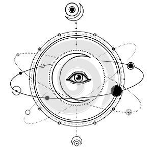 Mystical drawing: moon, All-seeing eye, orbits of planets, energy circle.