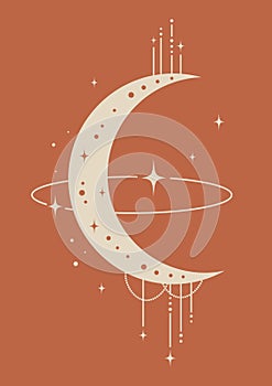 Mystical drawing of moon and outer space poster. Tarot card universe vector illustration.