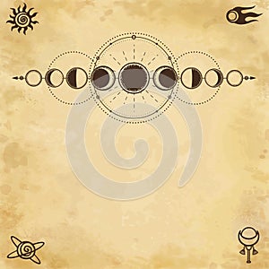 Mystical drawing: phases of the moon, energy circles. Sacred geometry.