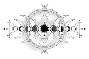 Mystical drawing: phases of the moon, energy circles. Sacred geometry. photo