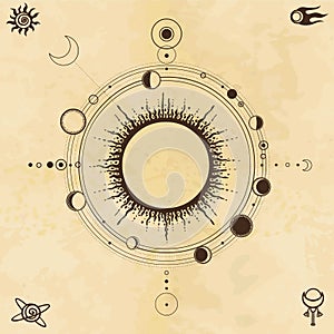 Mystical drawing: stylized Solar system, moon phases, orbits of planets, energy circle.