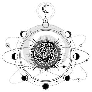 Mystical drawing: stylized Solar System, orbits of planets, Phases of the moon.