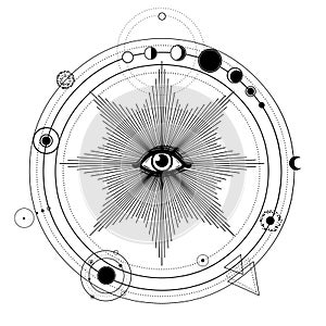 Mystical drawing: stylized Solar System, orbits of planets, Phases of the moon.