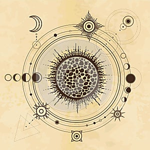 Mystical drawing: stylized Solar System, orbits of planets, Phases of the moon.