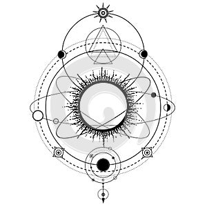 Mystical drawing: stylized Solar System, orbits of planets, space symbols.