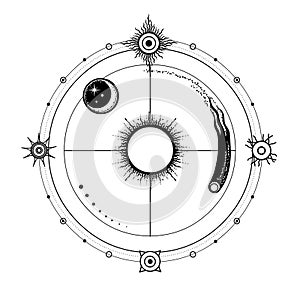 Mystical drawing: stylized Sun and moon, comet, energetic circles.