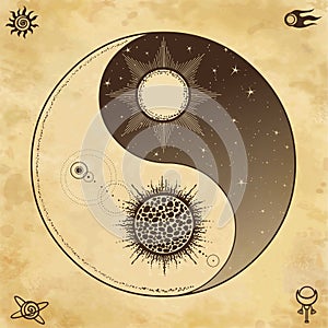 Mystical drawing: Stylized sun and moon, day and night, cosmic dualism. Zen symbol.