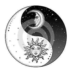 Mystical drawing: Stylized sun and moon with human face, day and night.