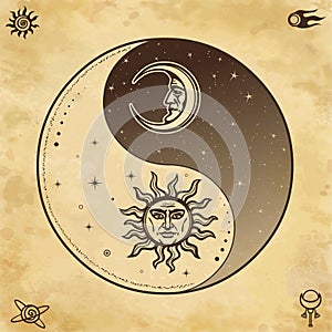 Mystical drawing: Stylized sun and moon with human face, day and night. Zen symbol.