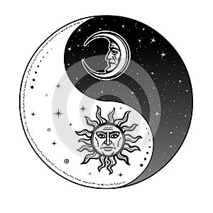 Mystical drawing: Stylized sun and moon with human face, day and night. Zen symbol.