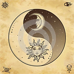 Mystical drawing: Stylized sun and moon with human face, day and night.