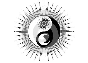 Mystical drawing Stylized sun and moon sacred logo design, day and night. Zen symbol. Ying yang sign of harmony and balance. SIGN