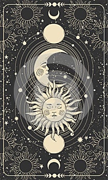 Místico dibujo de el sol un mes a Luna creciente un mes tarjeta ilustraciones. dorado el sol 