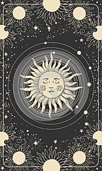 Mystical drawing of the sun with a face, tarot cards, boho illustration, magic card. Golden sun with closed eyes on a