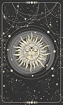 Mystical drawing of the sun with a face, tarot cards, boho illustration, magic card. Golden sun with closed eyes on a black