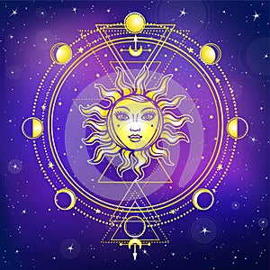 Mystical drawing: the sun with a human face, sacred geometry, phases of the moon.