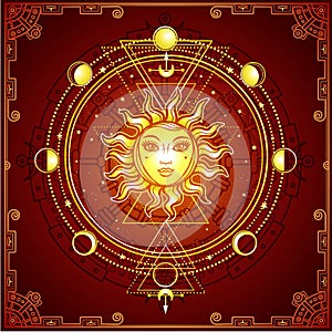 Mystical drawing: the sun with a human face, sacred geometry, phases of the moon.