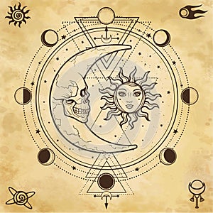 Mystical drawing: sun and moon with human faces, circle of a phase of the moon.