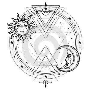 Mystical drawing: sun and moon with human faces, a star circle.