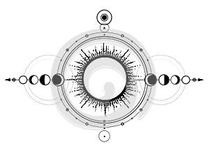 Mystical drawing: sun system, moon phases, orbits of planets, energy circle.