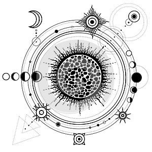 Mystical drawing: sun system, moon phases, orbits of planets, energy circle.