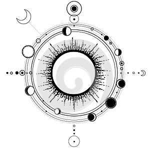 Mystical drawing: sun system, moon phases, orbits of planets, energy circle.