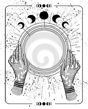 Mystical drawing tarot with copy space, magic ball for text. Female hands hold an empty round frame, sketch. Mystical