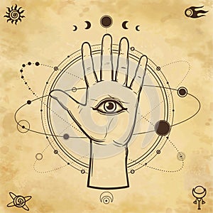 Mystical drawing: tattoo human hand holds the universe.