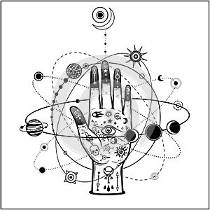 Mystical drawing: tattoo human hand holds the universe.