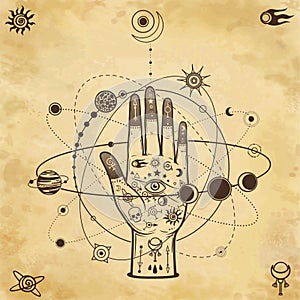 Mystical drawing: tattoo human hand holds the universe.