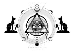 Mystical drawing: the third eye, all-seeing eye, circle of a moon phase. Sacred geometry and Egyptian cats Bastet ancient Egypt photo