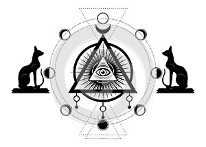 Mystical drawing: the third eye, all-seeing eye, circle of a moon phase. Sacred geometry and Egyptian cats Bastet ancient Egypt