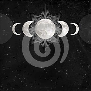 Mystical drawing: Triple moon pagan Wicca  symbol, full moon, phases of the moon. photo