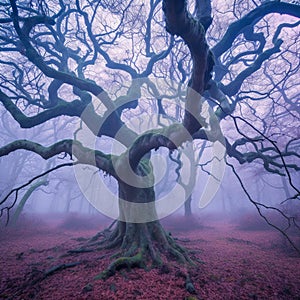 Mystical Dusk: A Gnarled Oak Tree in a Misty Forest