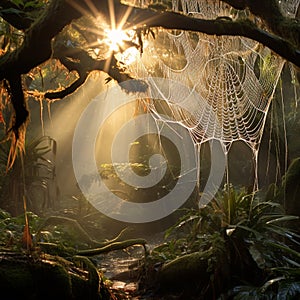 Mystical and Enchanting Forest Scene with Intricate Spiderwebs and Mesmerizing Morning Dew